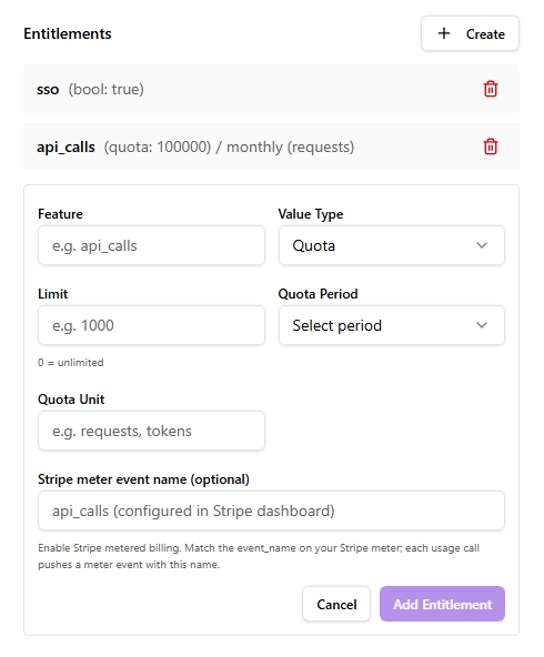 Entitlement editor with the Value field adapted to a quota Limit