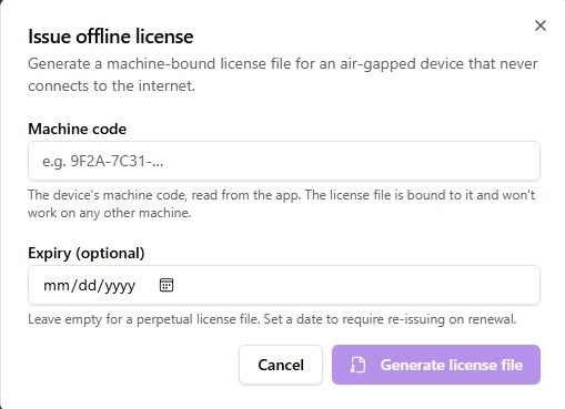 Admin Offline license dialog